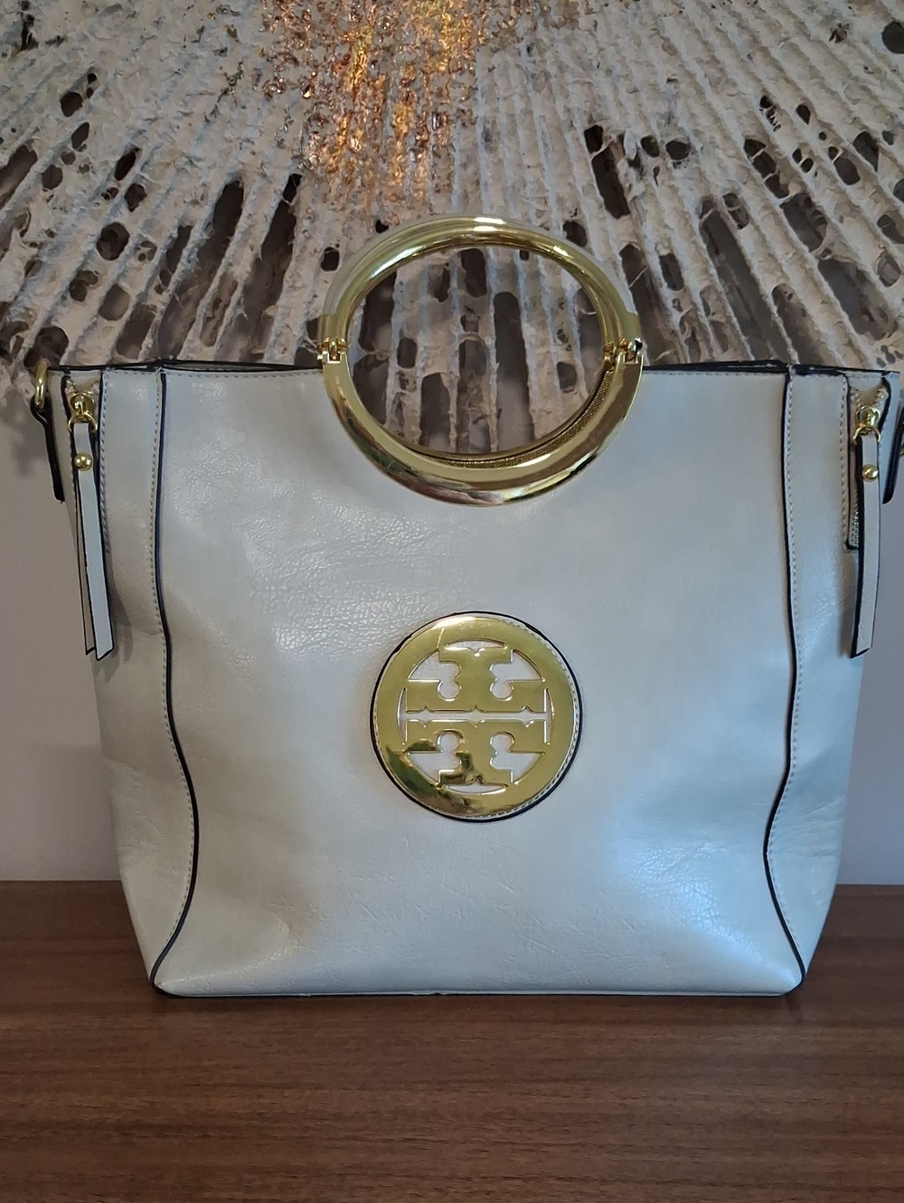 Designer Inspired Alabaster Satchel Tote Style Bag with Gold-Tone Hardware